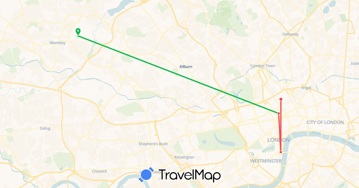 TravelMap itinerary: bus, plane, hiking in United Kingdom (Europe)